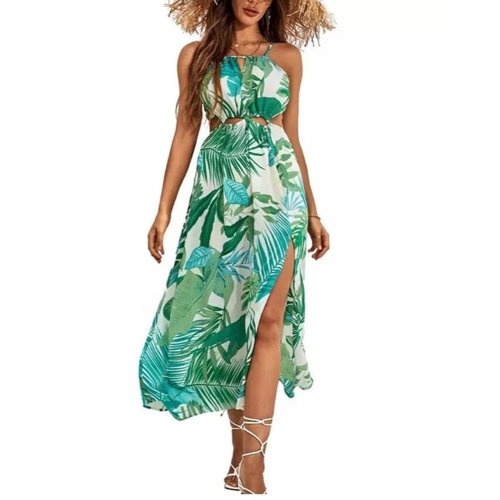 NWOT CUPSHE Tropical Print Dress Sz M Summer Dress Green Print Swimsuit Cover Up